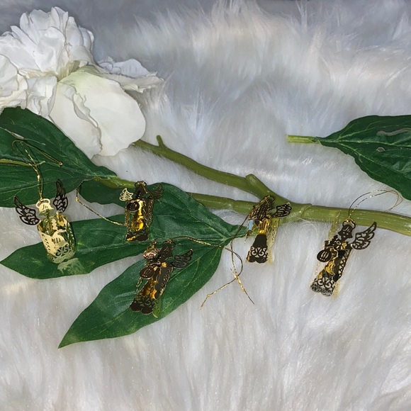 Vintage Gold Tone Filigree Angel Feather tree Christmas Ornaments 5 Pc Set - Picture 5 of 14